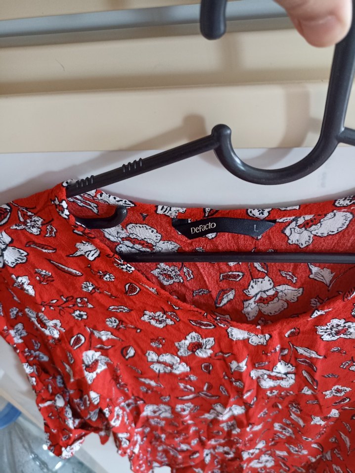 Kırmızı Bohem V Yaka Kısa Kollu Bluz - Görsel 3