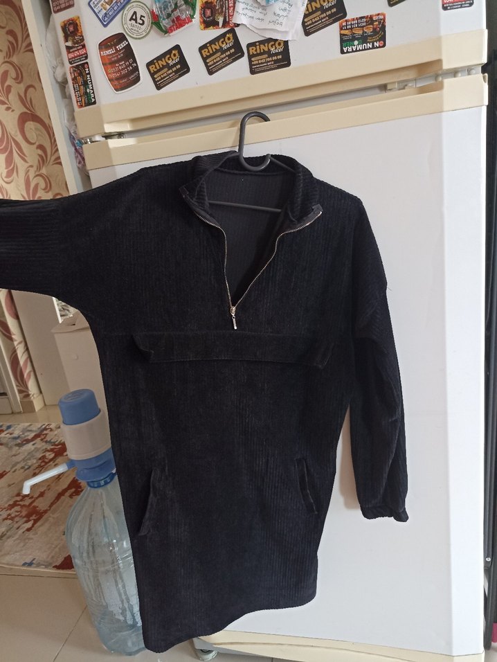 Siyah Kadife Fermuarlı Kısa Elbise / Tunik - Görsel 2