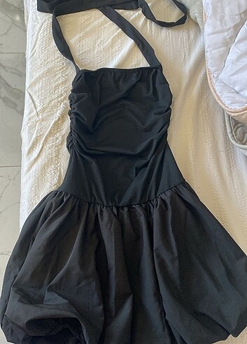 Boyundan bağlamalı balon etek mini elbise - Görsel 2