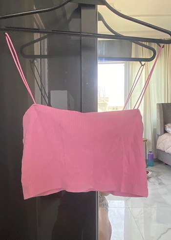 s Beden pembe Renk Pembe İnce Askılı Crop Top