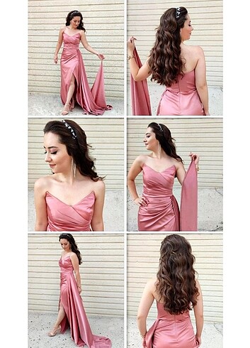 TOZ PEMBE STRAPLEZ SATEN ABİYE