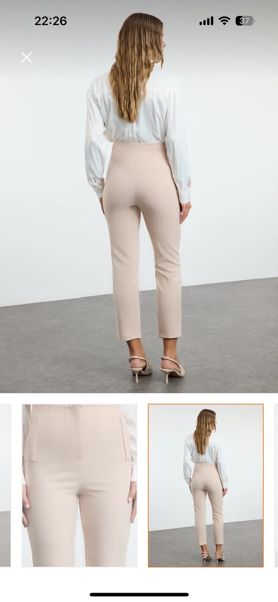 Bej Cigarette Kalıp Pensli Yüksek Bel Pantolon - Görsel 3