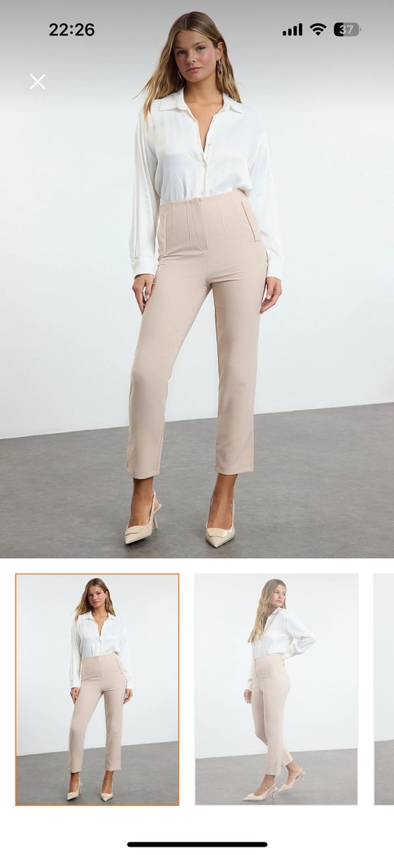 Bej Cigarette Kalıp Pensli Yüksek Bel Pantolon - Görsel 2