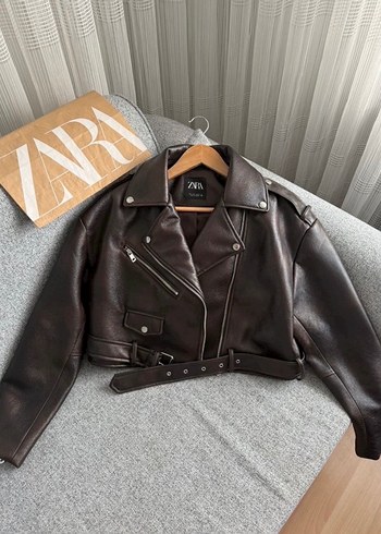 Zara Koyu Kahverengi Deri Biker Ceket