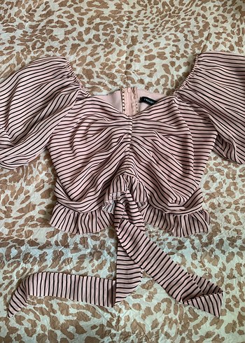 Pembe Çizgili Kısa Kol Mini Bluz - Görsel 2