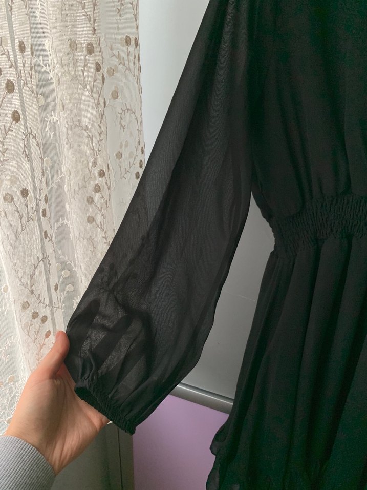 Siyah V Yaka Midi Uzun Kollu Elbise - Görsel 3