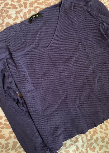 Mor V Yaka Uzun Kollu Triko Kazak - Görsel 3