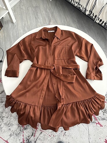 Saten kahve elbise - Görsel 2