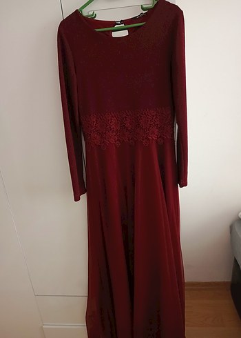 Bordo Uzun Kol Drapeli Abiye Elbise - Görsel 2