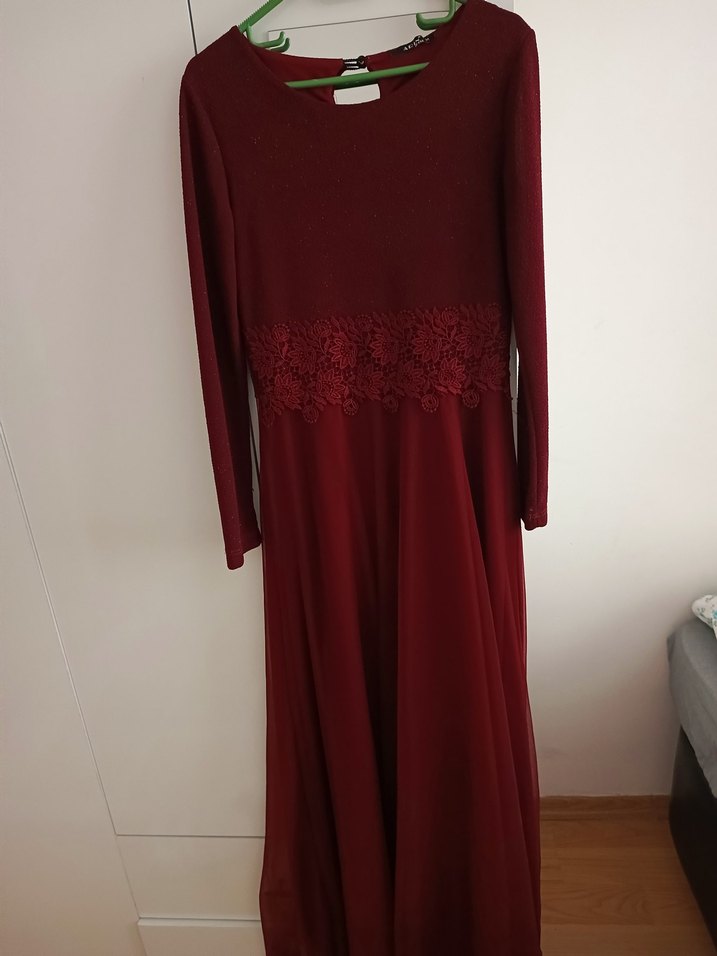 Bordo Uzun Kol Drapeli Abiye Elbise - Görsel 2