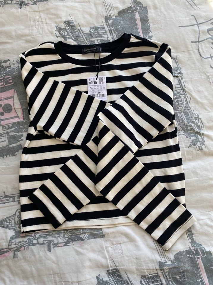 Kız Çocuk Siyah Beyaz Çizgili Pamuklu Tişört - Görsel 3