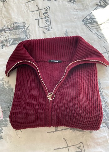 Bordo Yarım Fermuarlı Örgü Kadın hırka - Görsel 2