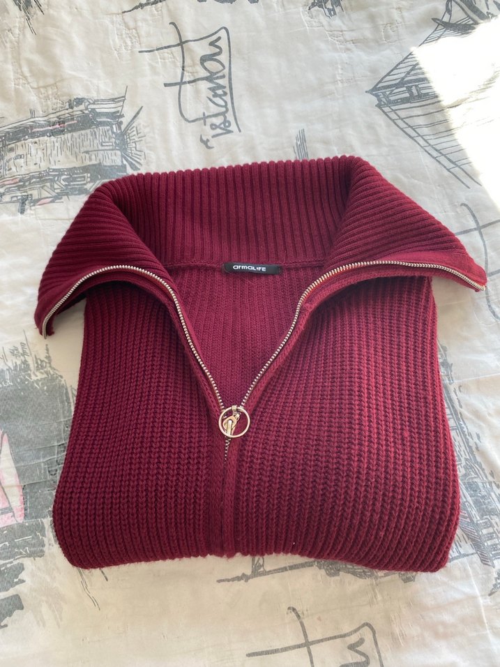Bordo Yarım Fermuarlı Örgü Kadın hırka - Görsel 2