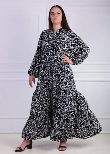 Uzun tesettür Siyah Desenli Bohem Elbise