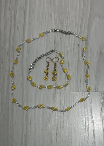 Diğer Sarı Boncuklu Kadın kolye bileklik küpe seti