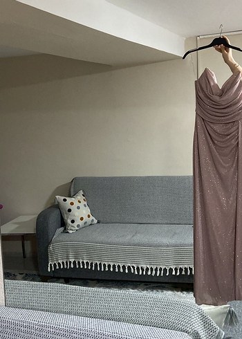 Pudra Rengi Simli Straplez Uzun Abiye - Görsel 7