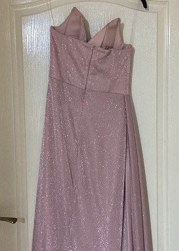 Pudra Rengi Simli Straplez Uzun Abiye - Görsel 4