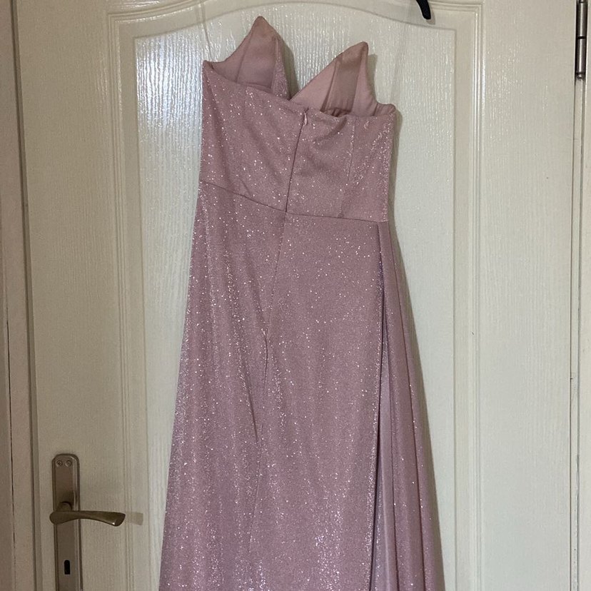 Pudra Rengi Simli Straplez Uzun Abiye - Görsel 4