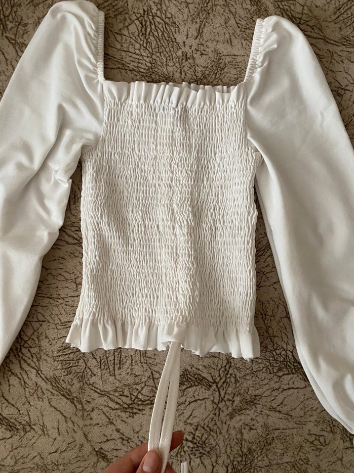 Beyaz Keten Fırfırlı Uzun Kollu Bluz - Görsel 2