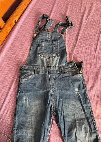 Kadın Mavi Denim Midi Askılı Tulum - Görsel 2