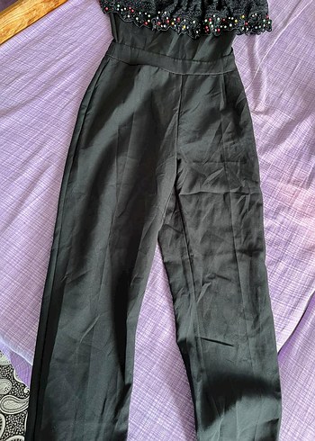 Nakışlı Siyah Straplez Uzun tulum - Görsel 3