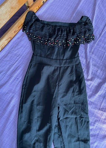 Nakışlı Siyah Straplez Uzun tulum - Görsel 4