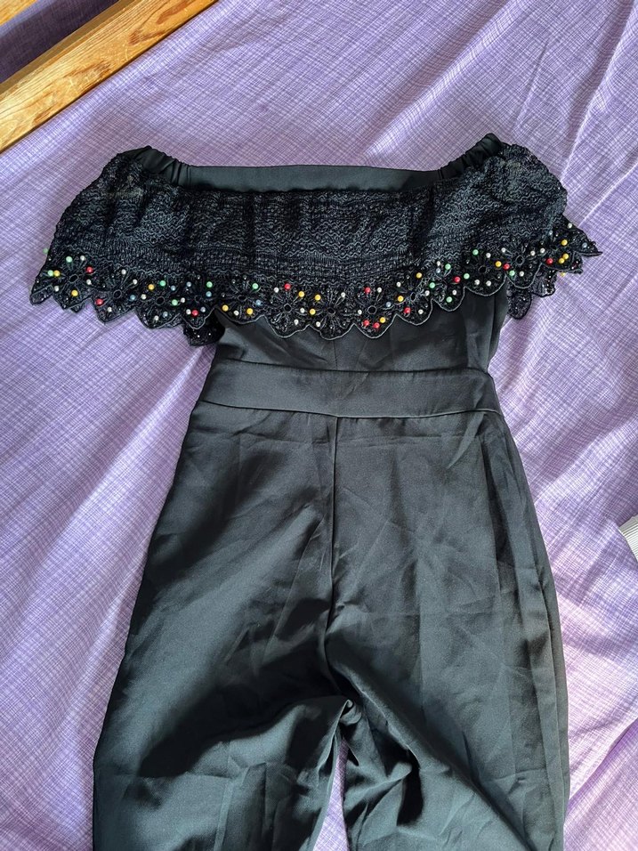 Nakışlı Siyah Straplez Uzun tulum - Görsel 2