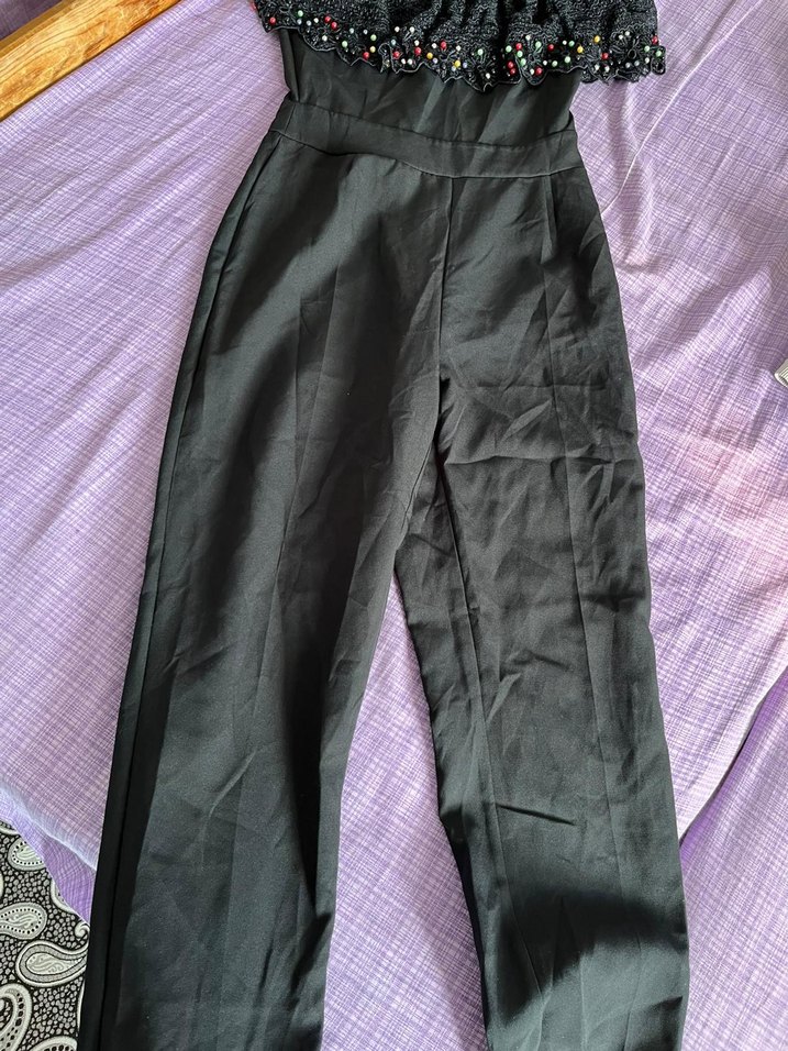 Nakışlı Siyah Straplez Uzun tulum - Görsel 3