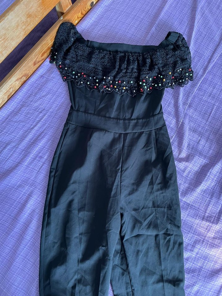 Nakışlı Siyah Straplez Uzun tulum - Görsel 4