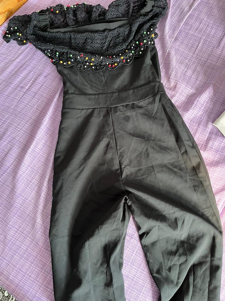 Nakışlı Siyah Straplez Uzun tulum - Görsel 5