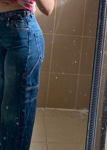 Düğmeli Mavi Bağlama Desenli Midi Kadın Kot Pantolon - Görsel 2