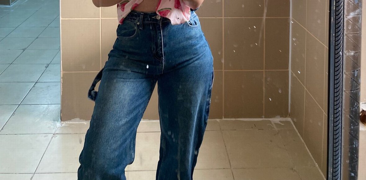 Düğmeli Mavi Bağlama Desenli Midi Kadın Kot Pantolon - Görsel 3