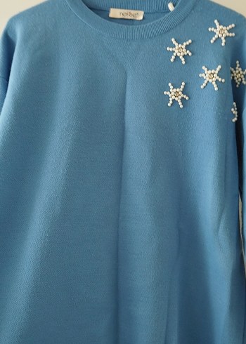38 Beden Mavi Nakışlı Uzun Kollu Kadın Kazak