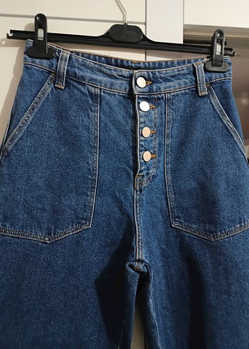 Düğmeli Mavi Loose Fit Denim Kadın Pantolon - Görsel 3