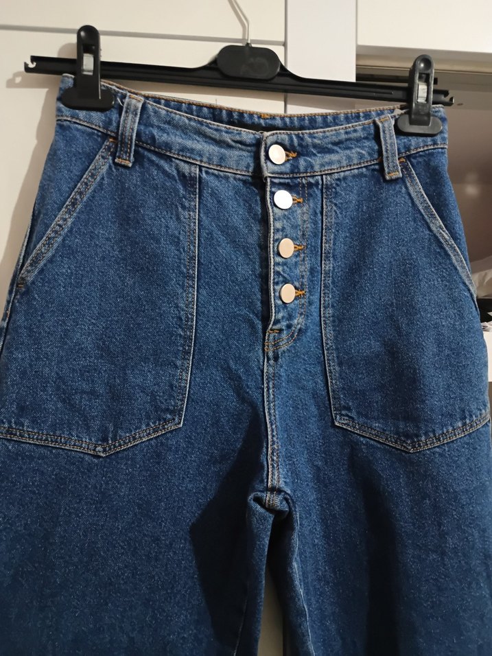 Düğmeli Mavi Loose Fit Denim Kadın Pantolon - Görsel 3