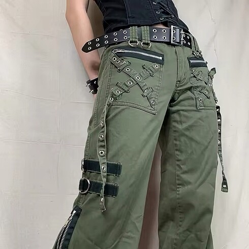 Diğer Y2K Cyber Grunge Haki Kargo Pantolon