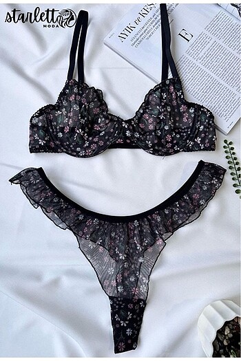 Diğer Fırfırlı Çiçek Desenli Transparan Romantik Bralet Takım