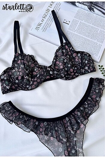 Fırfırlı Çiçek Desenli Transparan Romantik Bralet Takım