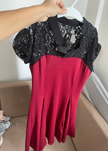 m Beden kırmızı Renk Dantelli V Yaka Kırmızı Midi Gotik Elbise