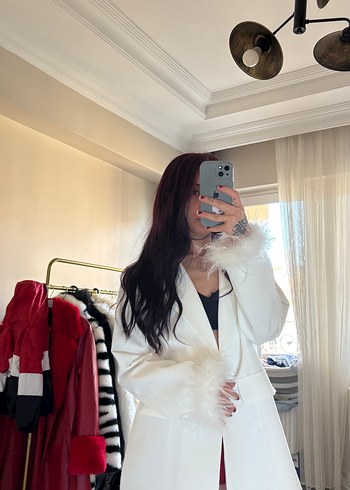 m Beden beyaz Renk Beyaz Tüylü otrişli blazer ceker