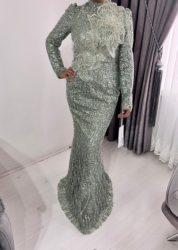 Drapeli Uzun Kollu Abiye Elbise satılık - Görsel 2