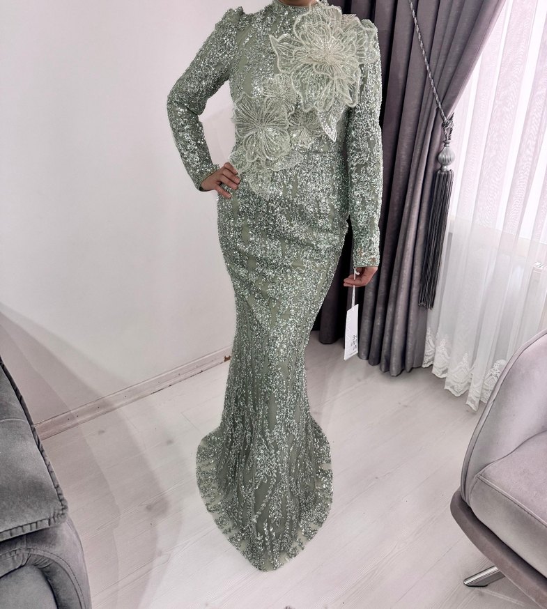 Drapeli Uzun Kollu Abiye Elbise satılık - Görsel 2