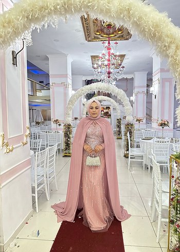 Pembe Uzun Kollu Drapeli Abiye Elbise fiyatı  40 42 beden - Görsel 4