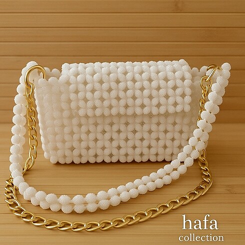 Beyaz Boncuk El Yapımı Çanta ? Gold Zincirli | Hafa Collection
