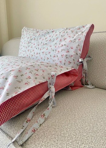 Çiçekli Gri Yastık Kılıfı Seti Bağlamalı - Görsel 4