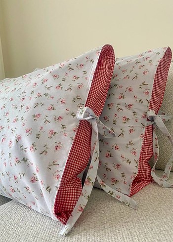 Çiçekli Gri Yastık Kılıfı Seti Bağlamalı - Görsel 3