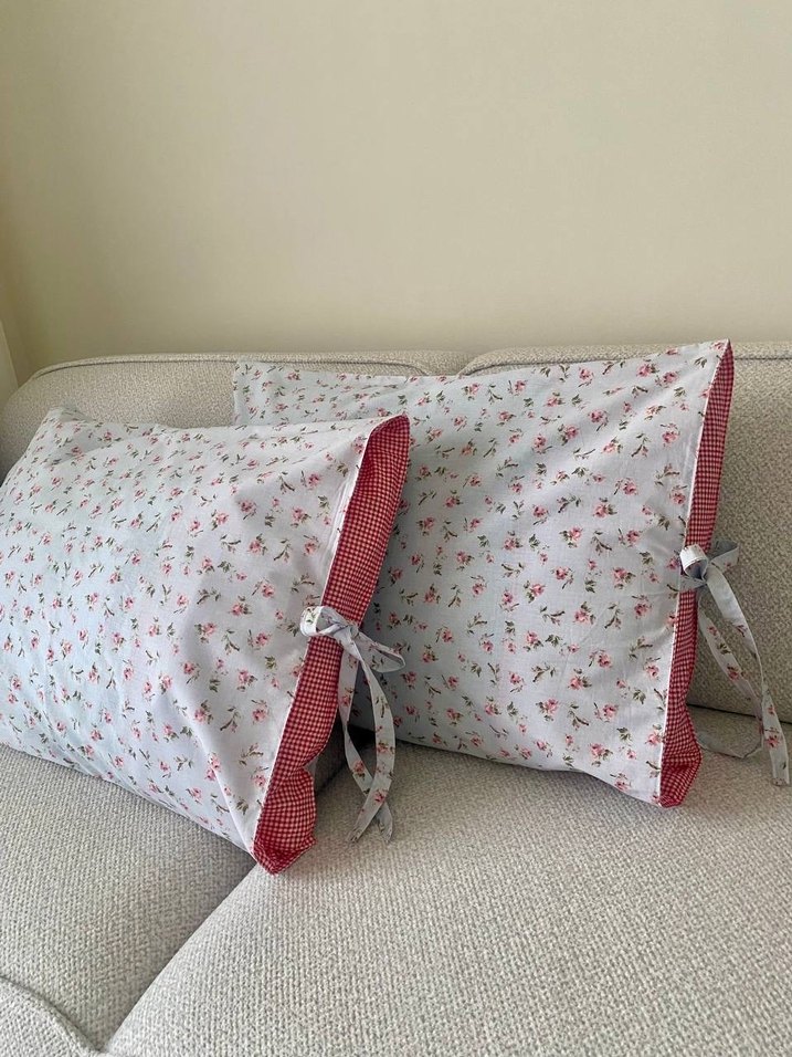 Çiçekli Gri Yastık Kılıfı Seti Bağlamalı - Görsel 5