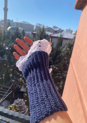 Lacivert Örgü Kadın Eldiveni Dantel Detaylı Vintage - Görsel 5