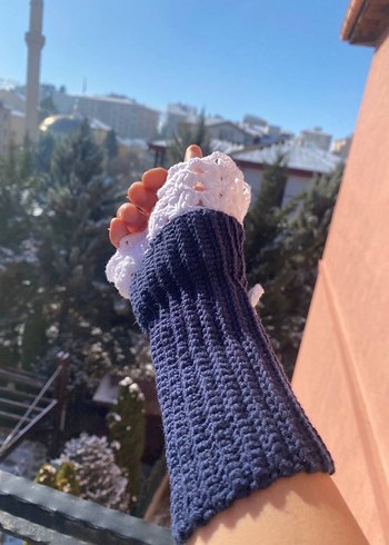 Lacivert Örgü Kadın Eldiveni Dantel Detaylı Vintage - Görsel 6