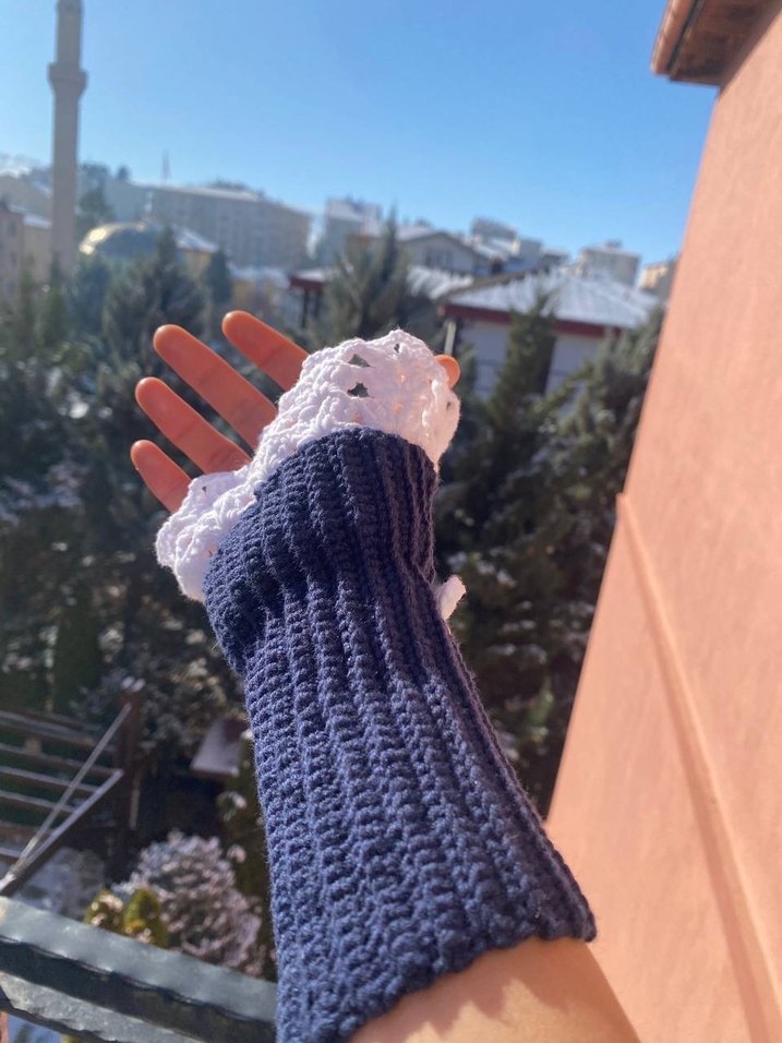 Lacivert Örgü Kadın Eldiveni Dantel Detaylı Vintage - Görsel 5